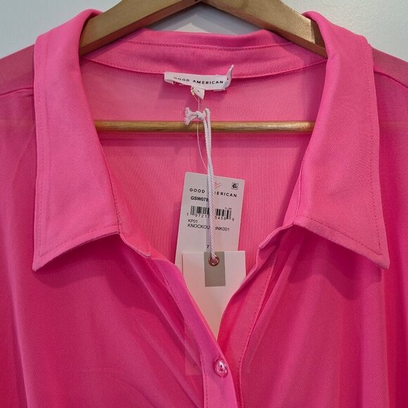 Good American Ruched Sheer Mini Shirt Dress Size 4XL Pink Long Sleeve Button NWT - Picture 7 of 16